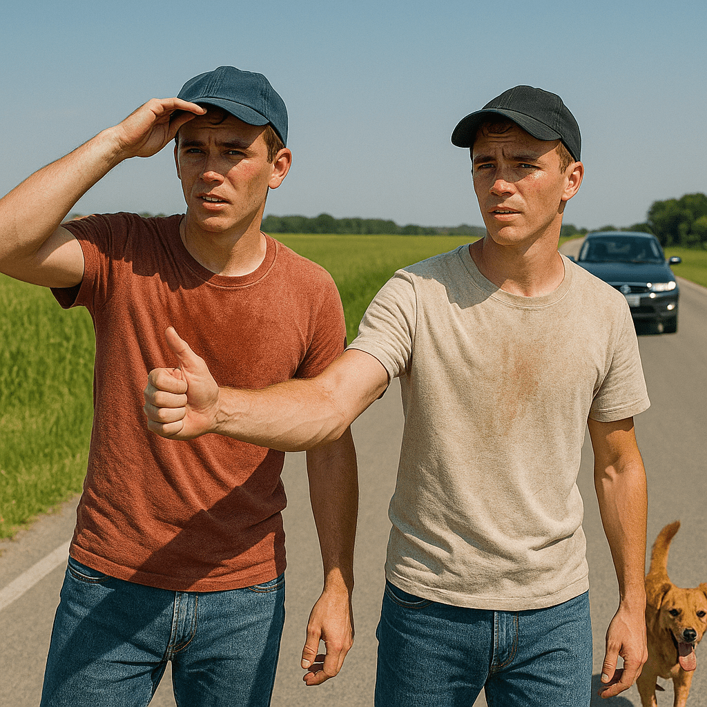 Dos chicos caminan juntos por la carretera pidiento aventón.